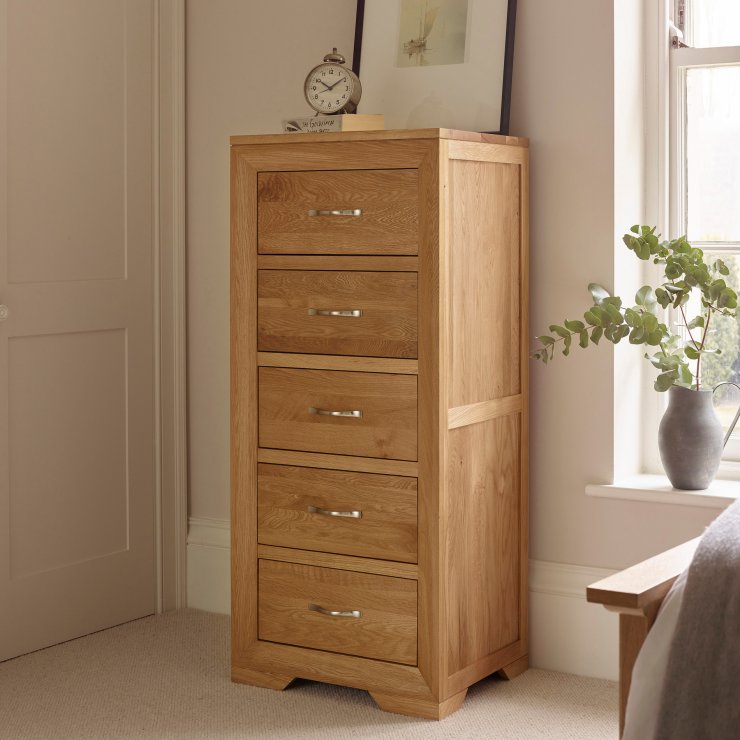 Bevel Tall 5 Drawer Chest in Solid Oak Oak Furniture Land