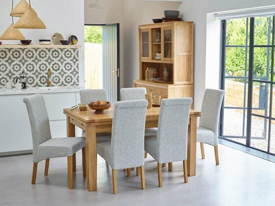 oak dining table with grey chairs