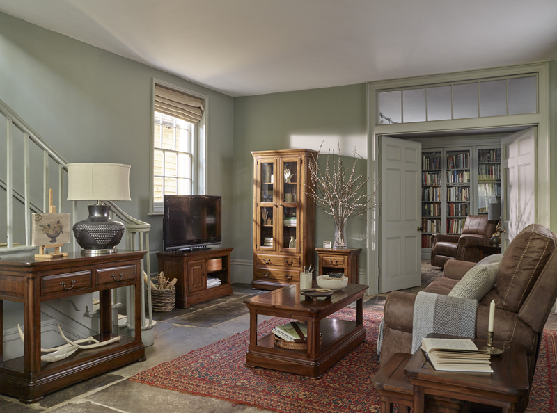 green and wood living room