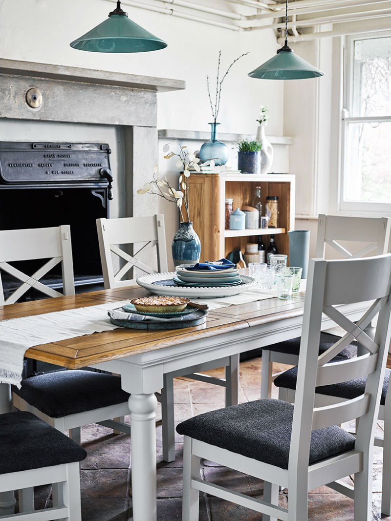 Grey painted dining set in cool blue wintery dining room