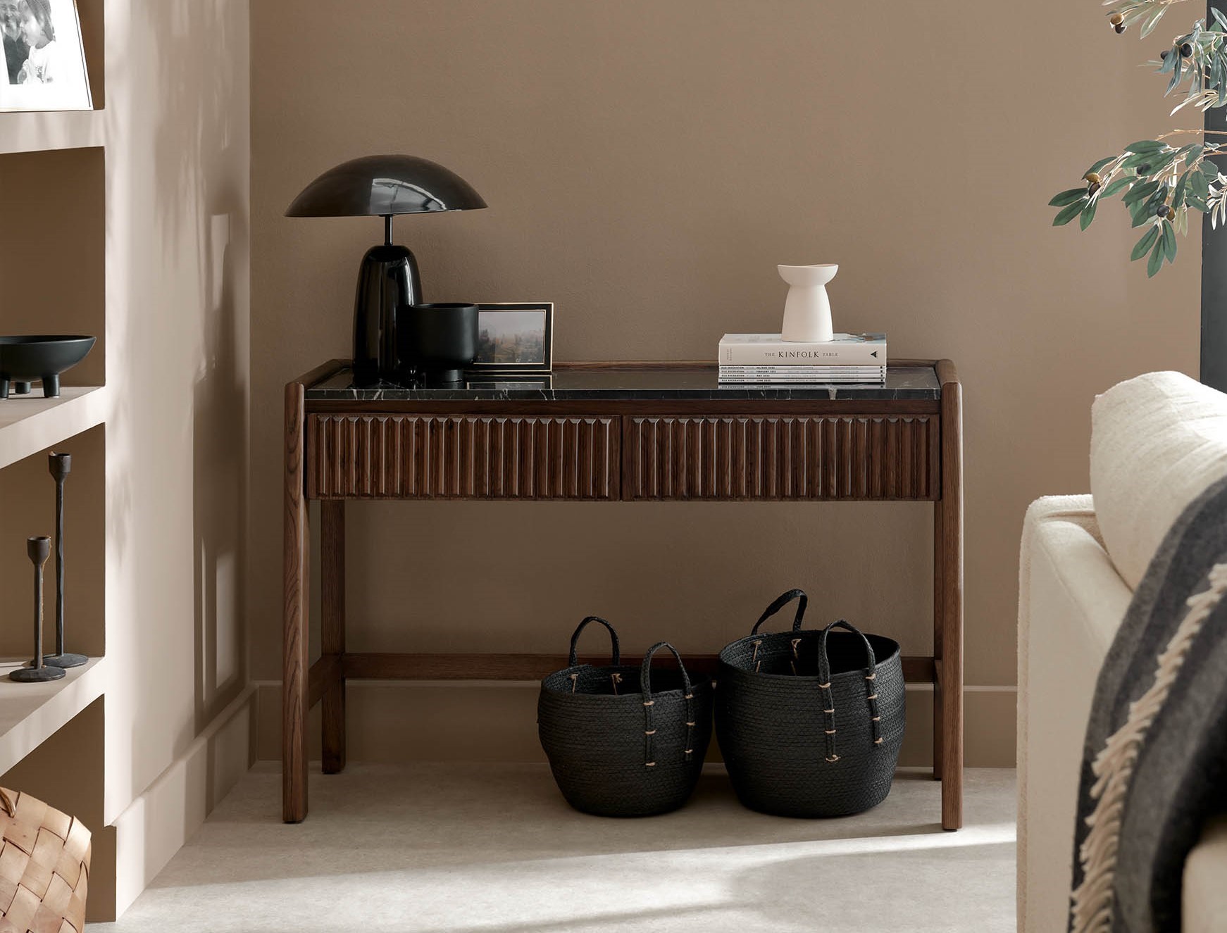 A console table and sofa-living room furniture-wooden console table with black marble top-cream upholstered sofa