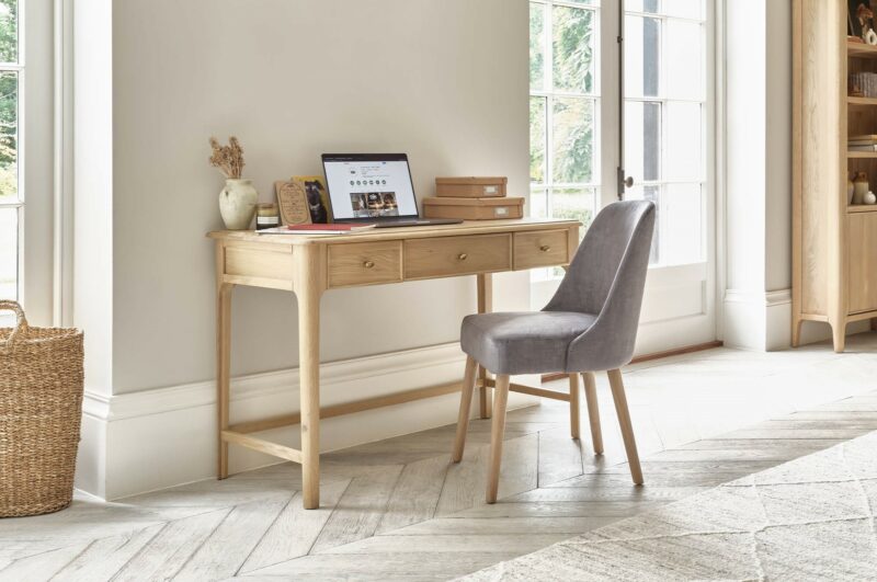 A desk and chair-home office furniture-natural oak desk-grey velvet chair-open-plan living