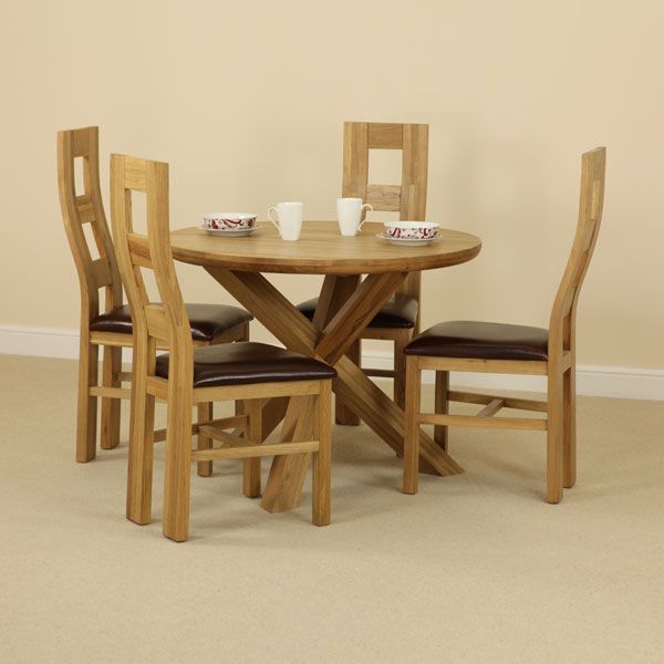 Solid Oak Round Dining Table With Crossed Legs + 4 Brown Wave Back ...