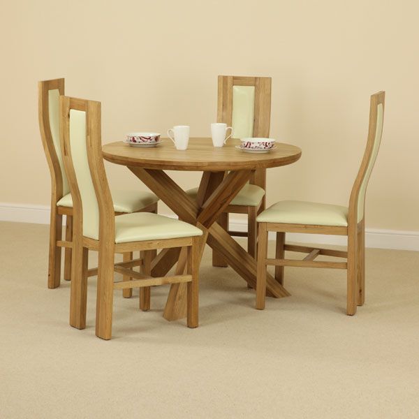 Solid Oak Round Dining Table With Crossed Legs + 4 Cream Curve Back ...