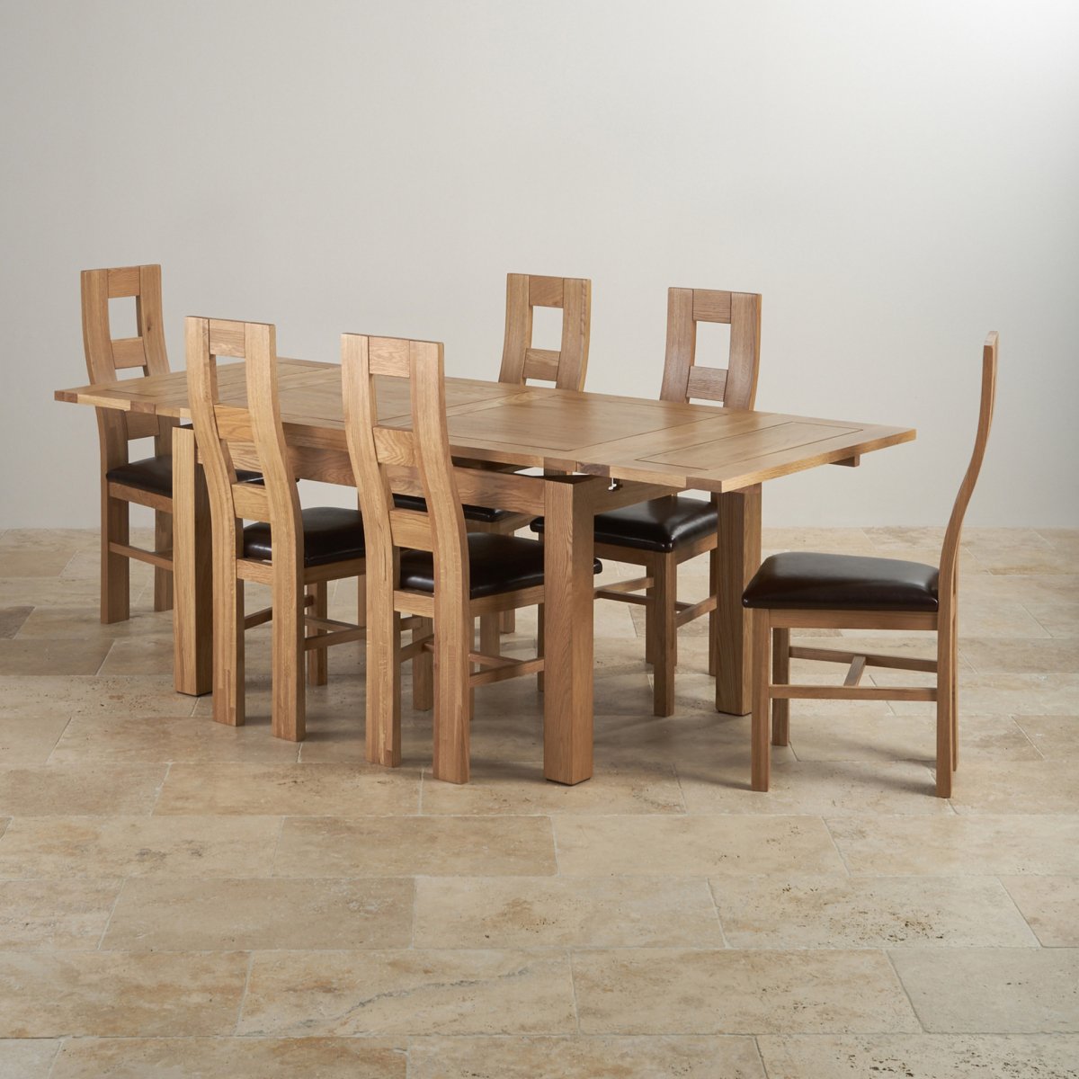 Dorset Dining Set Extending Oak Table 6 Leather Dining Chairs