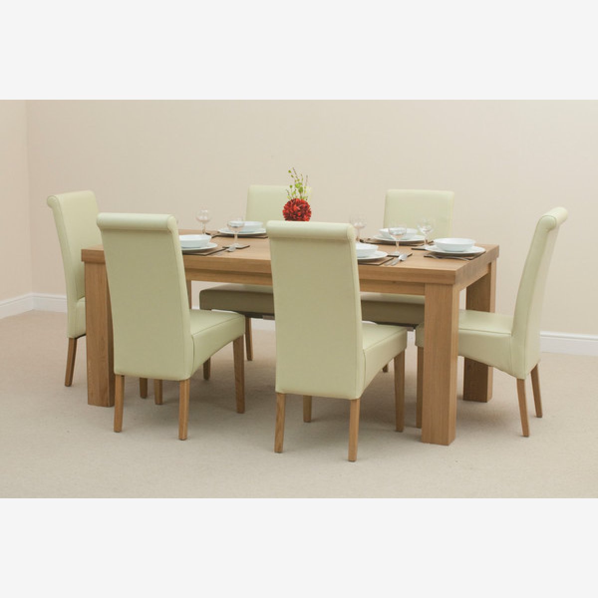 Fresco 6ft Solid Oak Dining Table + 6 Cream Leather Chairs