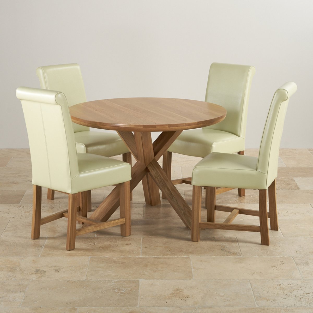 Natural Oak Round Dining Set: Table + 4 Cream Leather Chairs
