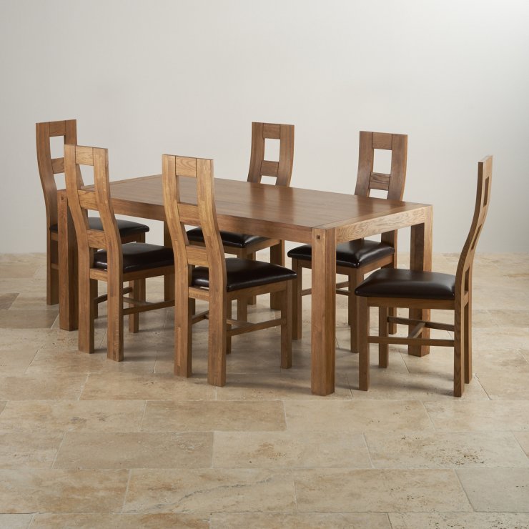 Quercus Dining Table In Rustic Oak + 6 Wave Back Leather Chairs