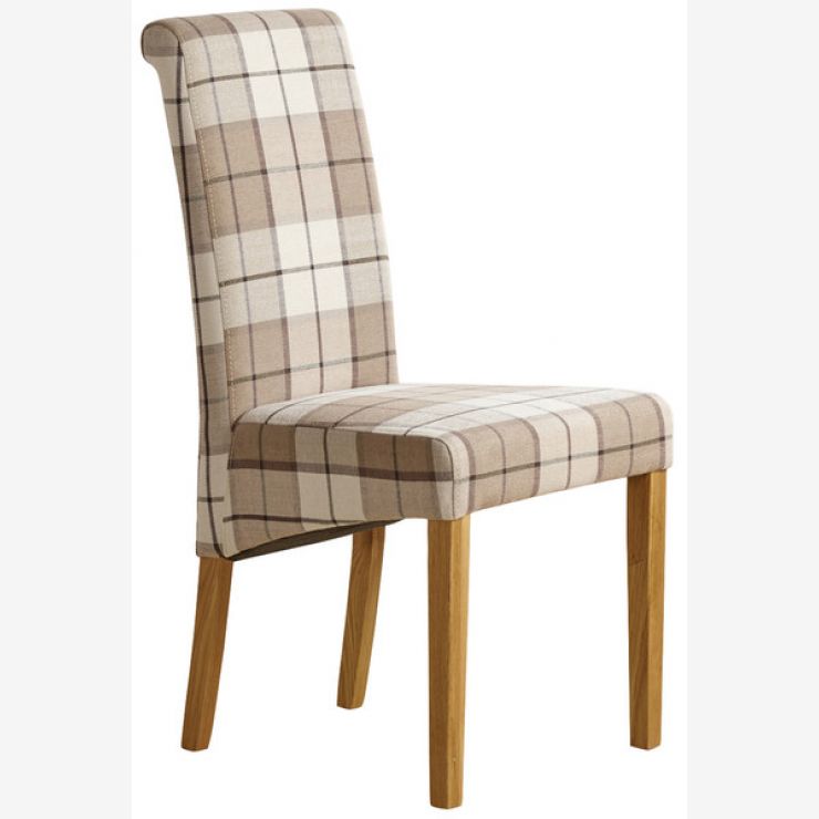 Scroll Back Chair With Solid Oak Legs Check Brown Fabric