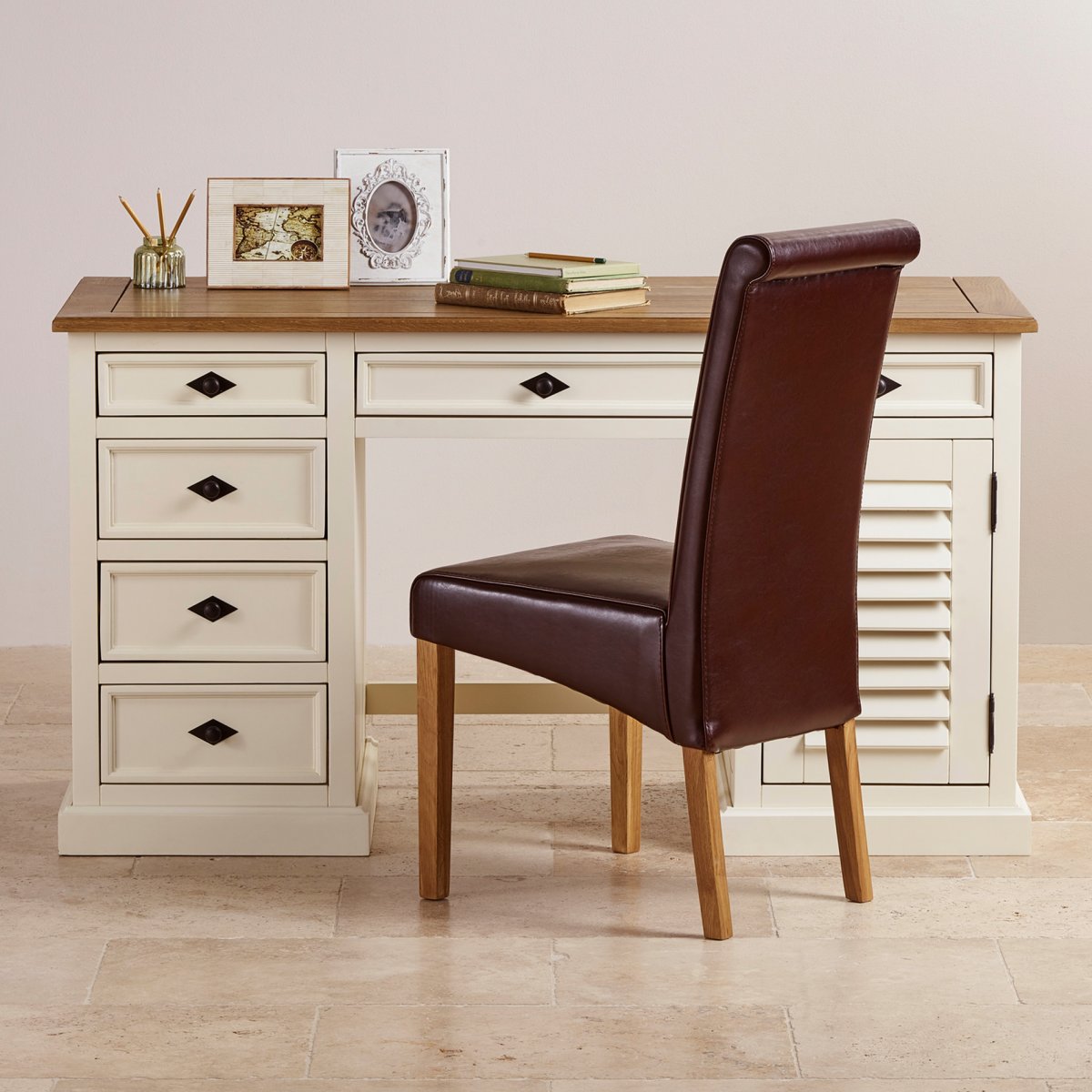 Shutter Cream Painted Computer Desk with Brushed Oak Top